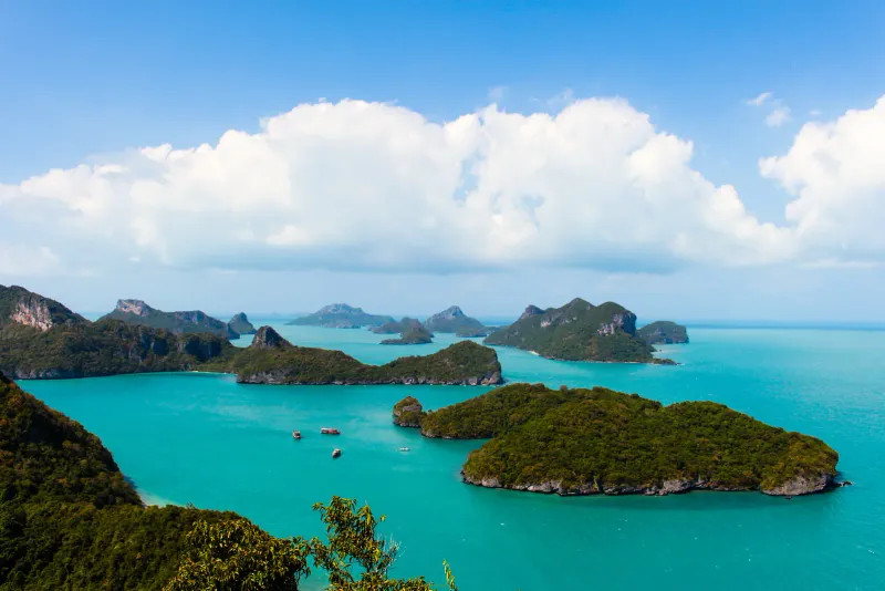 The islands of Ang Thong Marine Park in a turquoise sea, from the Wua Talab viewpoint