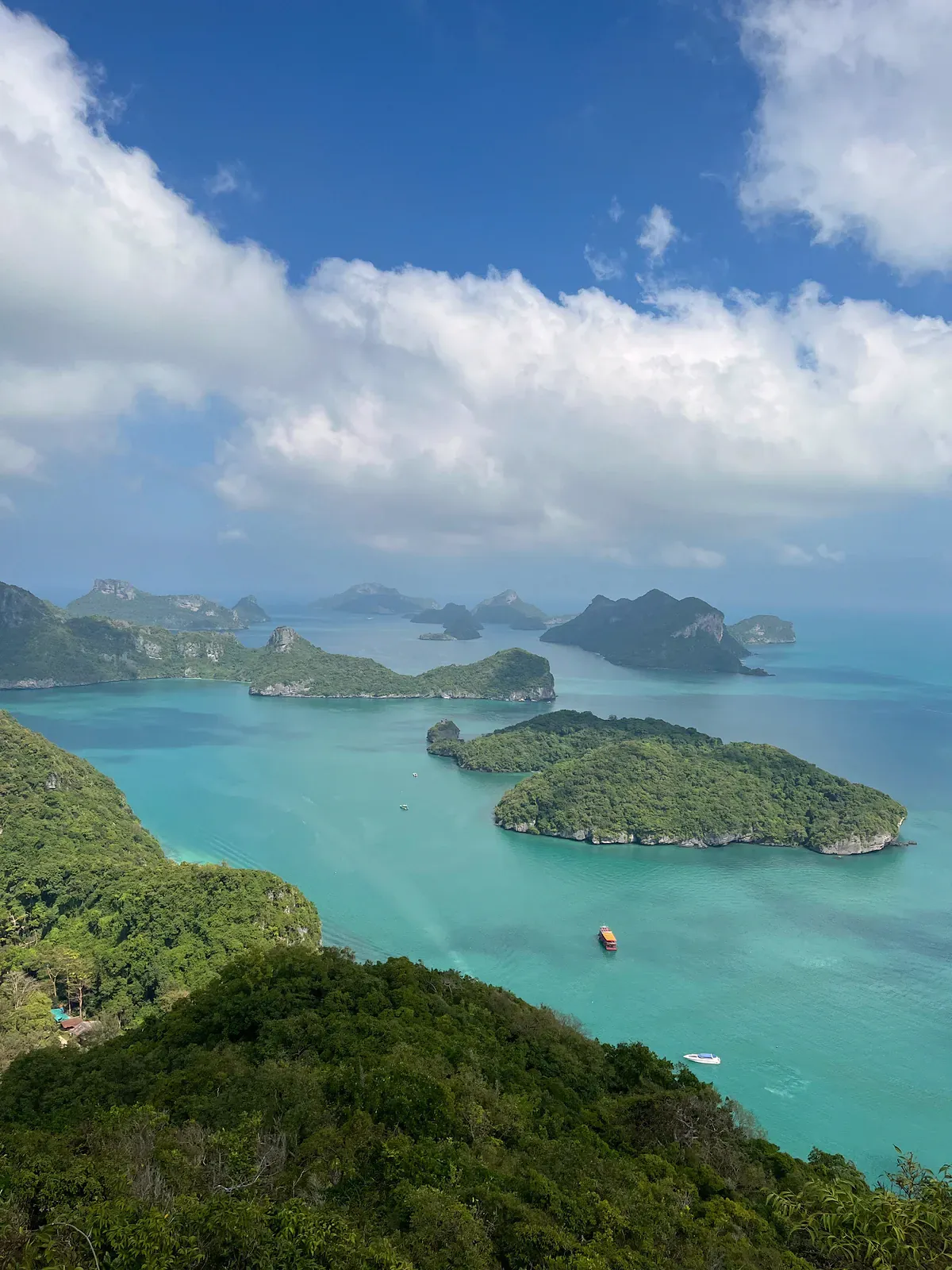 Aerial view of Ang Thong National Marine Park's limestone islands scattered across turquoise water