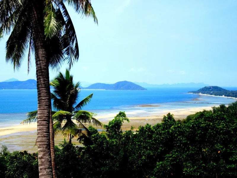 View over Bang Makham's exposed low-tide sandbar toward the Ang Thong islands