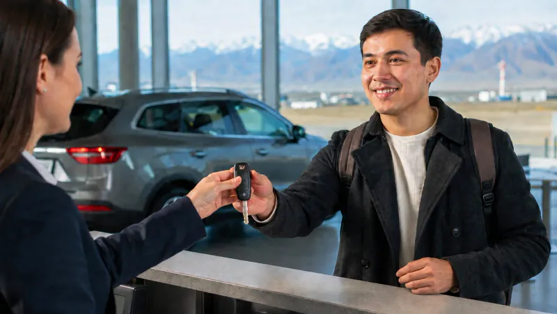 Renter taking car keys across an airport rental counter from a smiling staff member