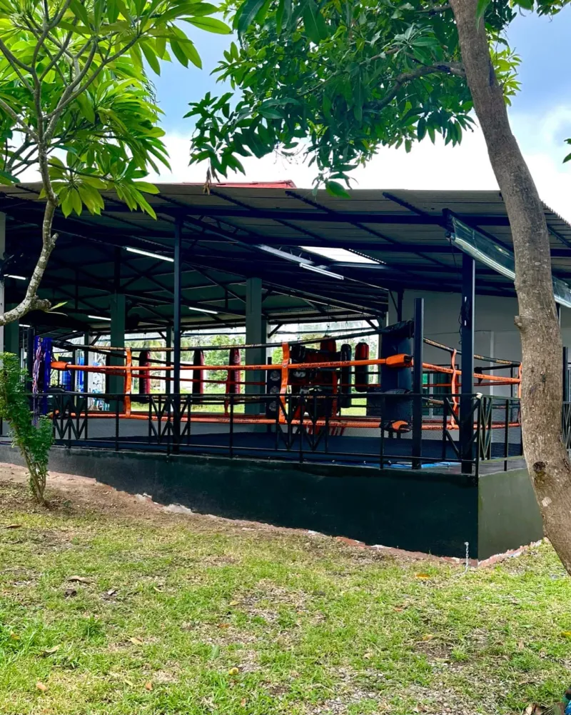 An open-sided boxing ring under a metal roof beside trees at the Plai Laem camp