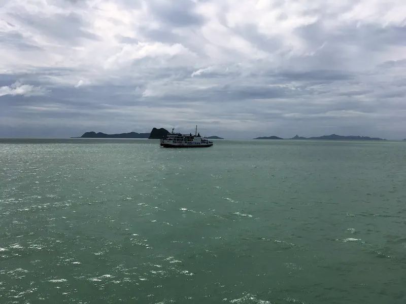 Seatran car ferry crossing the Gulf of Thailand with islands on the horizon