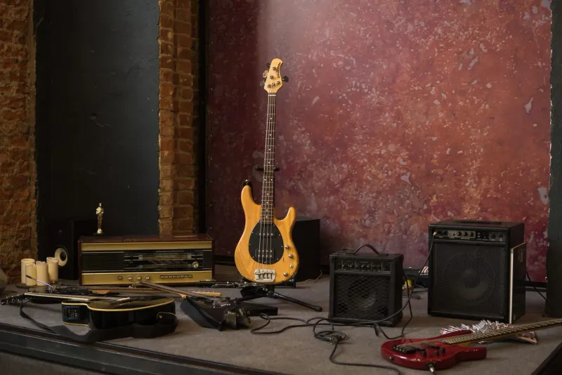 Electric and acoustic guitars on stands near loudspeakers, the kind of stock and PA gear an instrument shop carries