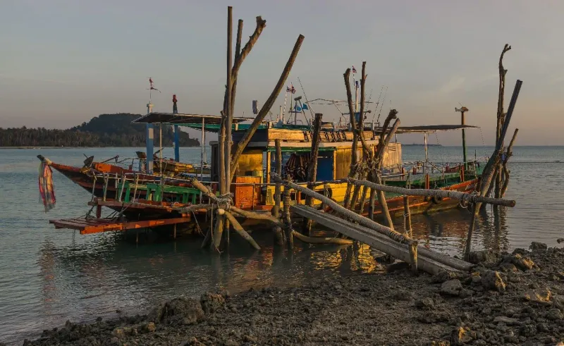 Longtail boat on calm water off Koh Samui at dusk, representing ferry and boat tour booking windows