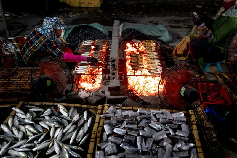 Fish grilling over glowing charcoal at a market stall