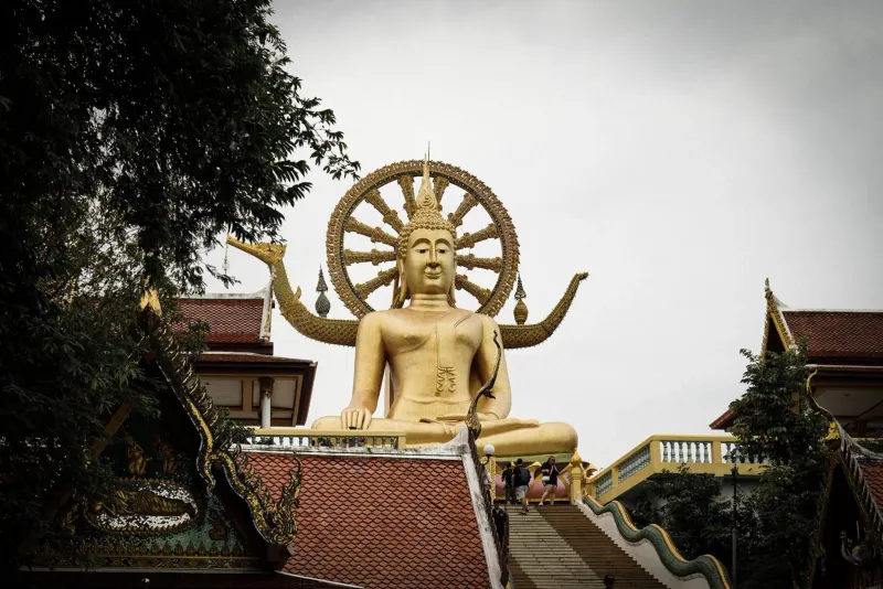 Golden Big Buddha Temple architecture at Wat Phra Yai overlooking Bang Rak Beach Koh Samui