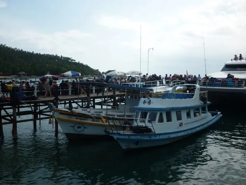 Wooden pier structure at Koh Tao where Koh Samui ferries dock at Mae Haad