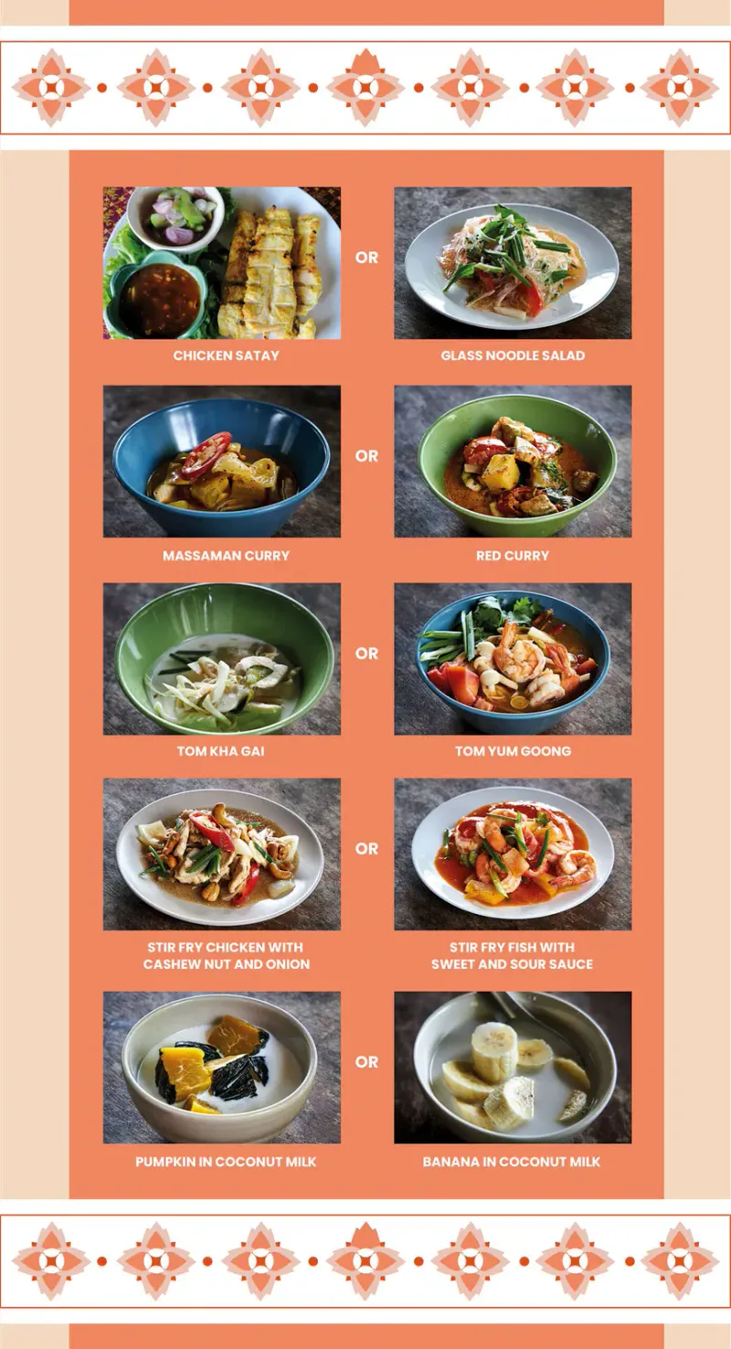 The school's morning class menu card with five pairs of dishes, from chicken satay or glass noodle salad to pumpkin or banana in coconut milk