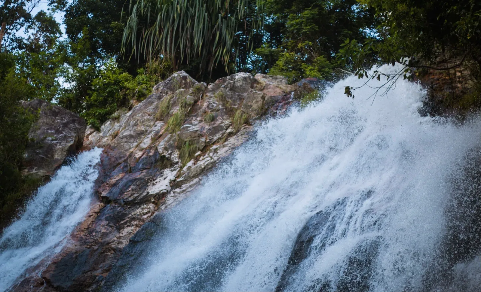 Dense canopy over the upper tiers of Lat Wanon Waterfall