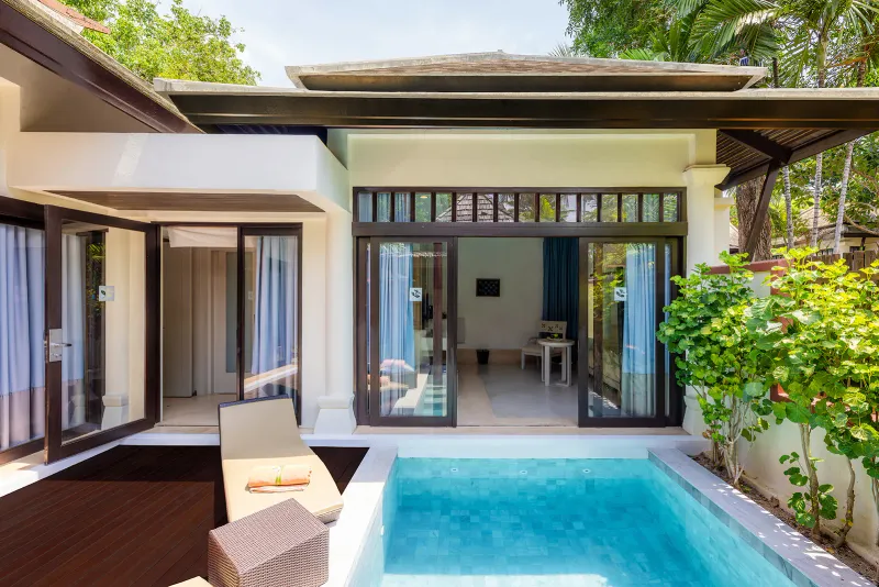 Private plunge pool and sun loungers outside a Melati Beach Resort pool villa on Koh Samui