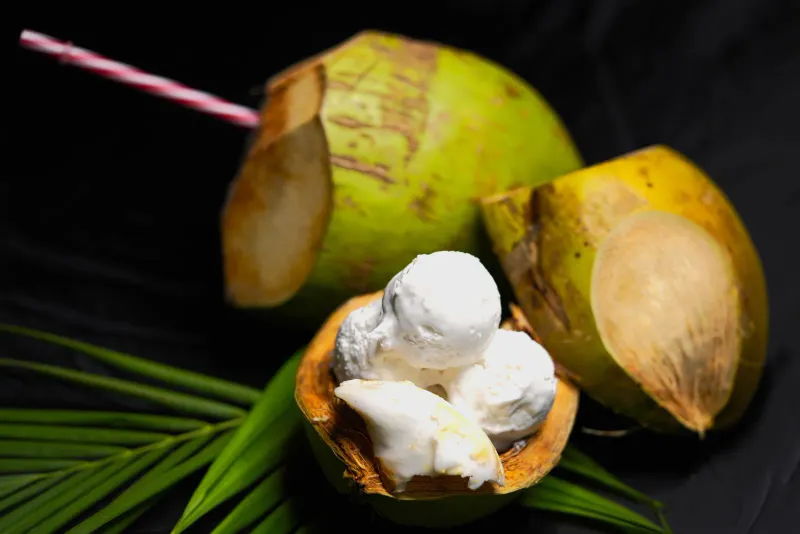 Coconut ice cream served in a coconut shell