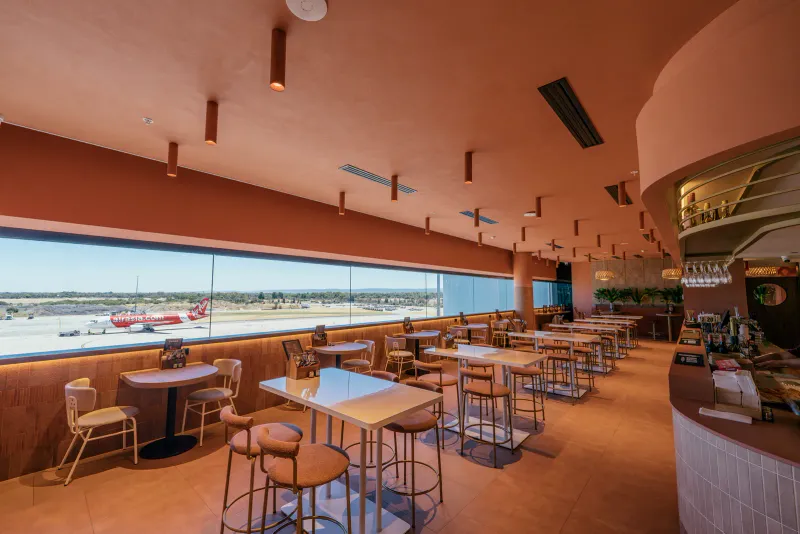 Perth Airport international terminal departure area with check-in counters, the shortest route from Australia to Asia