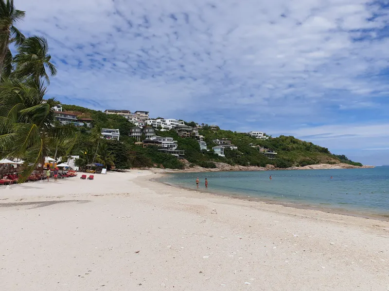 Sandy cove backed by hillside villas and coconut palms
