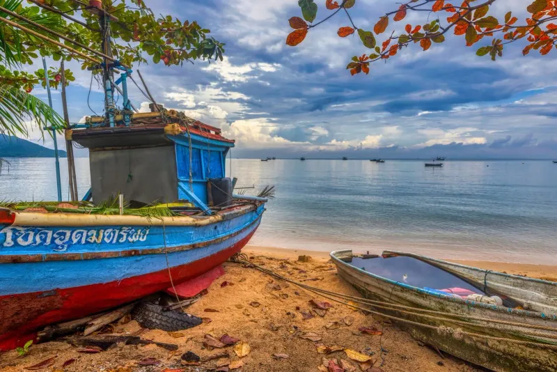 Fishing boats moored off Nathon on Koh Samui's west coast, the operator's roughly April-to-October wing foil and e-foil base