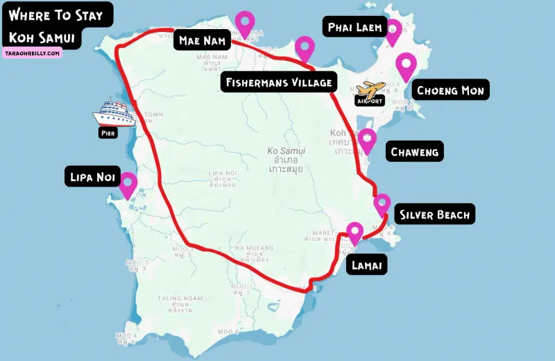 Map of Koh Samui with the red ring road around the island linking Mae Nam, Chaweng, Lamai and the pier