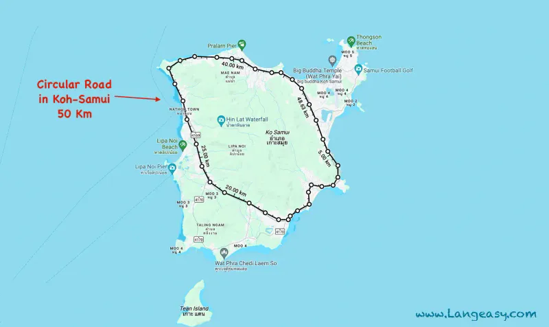 Map of the 50 km ring road around Koh Samui showing Mae Nam, Nathon, Lipa Noi and Taling Ngam