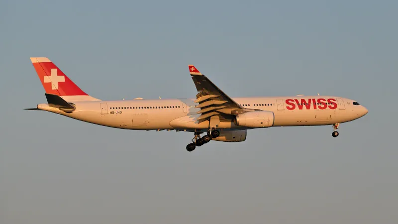Swiss Airbus A330-300 on final approach to Zurich airport, which has nonstop flights to Bangkok