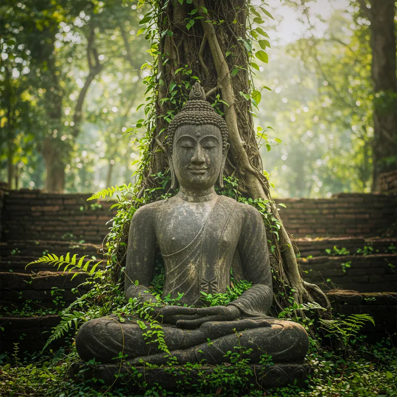 Stone Buddha statue seated at the base of a banyan tree, roots wrapping the figure
