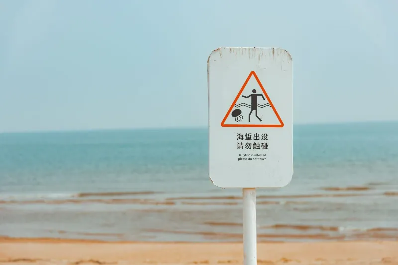 Beach warning sign about jellyfish on a calm Thailand shoreline with clear water