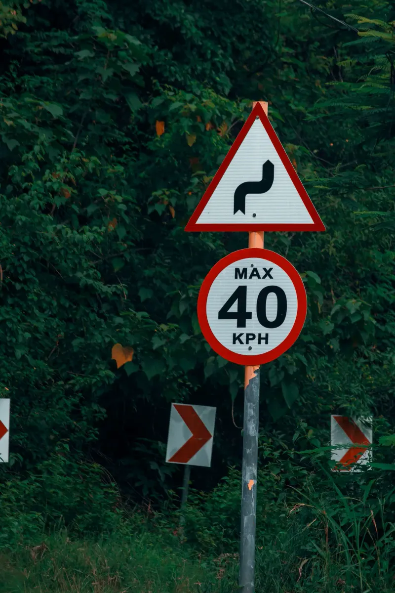 Bend warning sign above a 40 km/h speed limit sign beside chevron arrows on a forest road