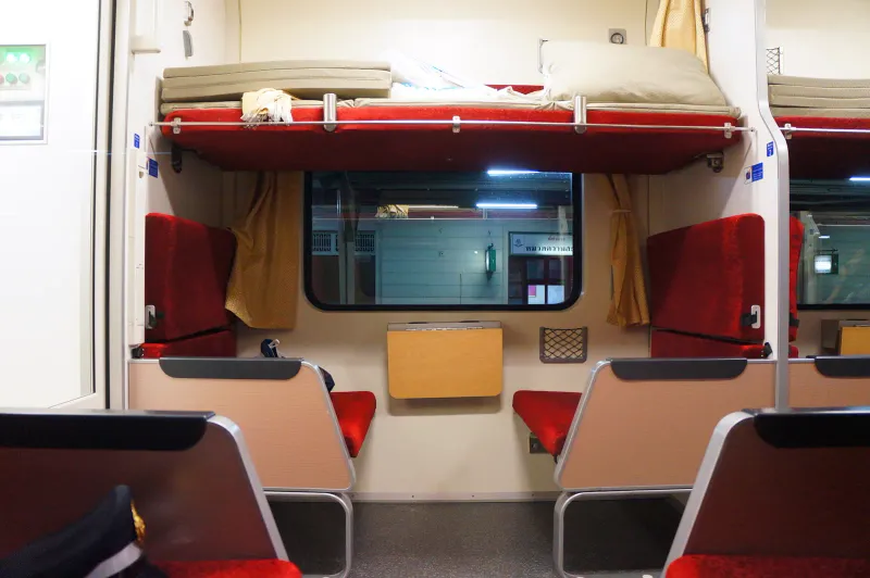 Beds made up in a Thai State Railway second-class sleeper coach