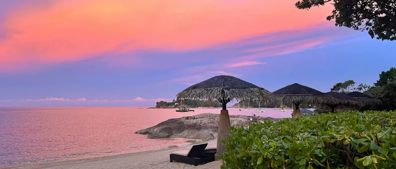 Pink and purple sunset sky over Tong Sai Bay with thatched-roof beach umbrellas in silhouette