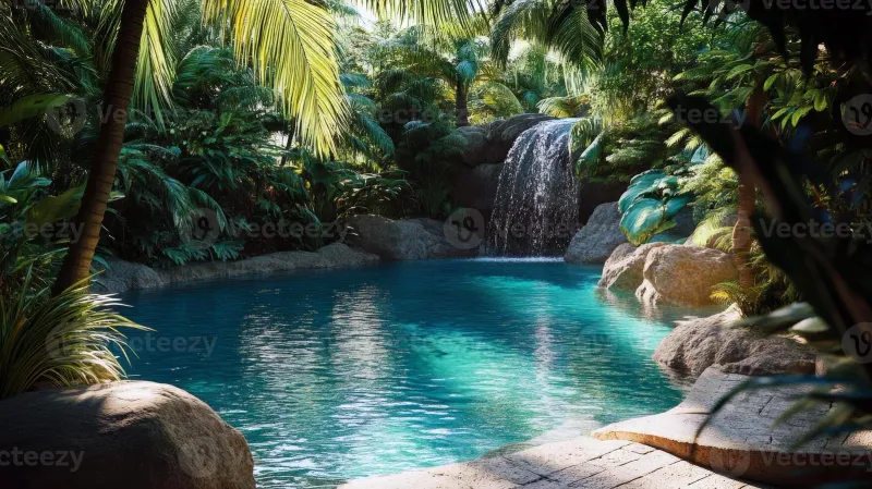 Tranquil tropical oasis with waterfall and pristine pool