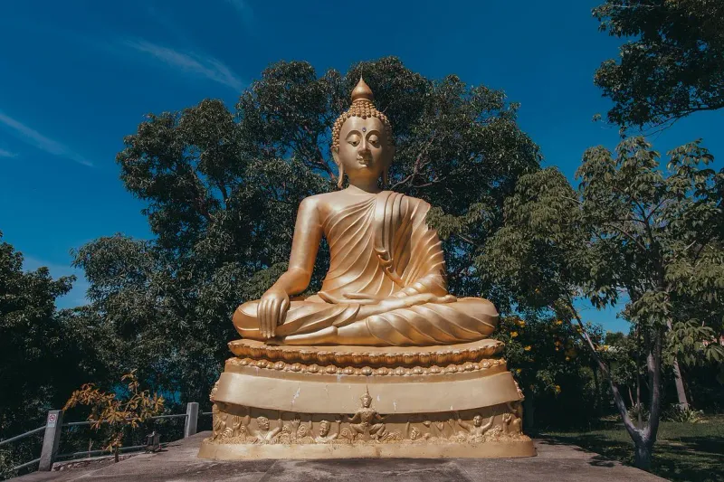 Large golden seated Buddha statue framed by trees at the temple viewpoint